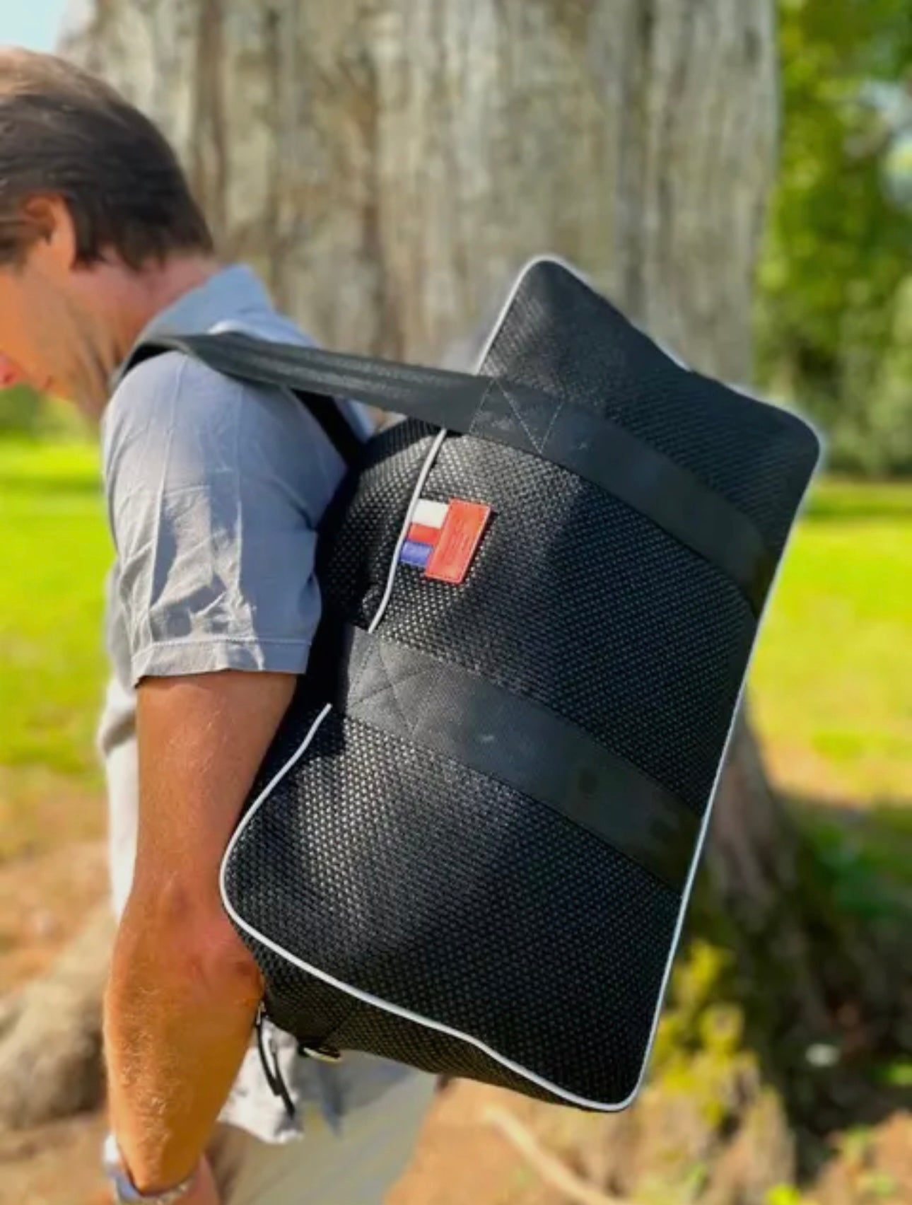 E2R Paris - black weekend bag in up-cycled car fabric and leather