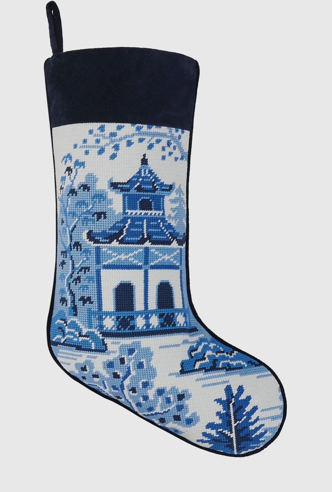 Chinoiserie pagoda embroidered needlepoint stocking