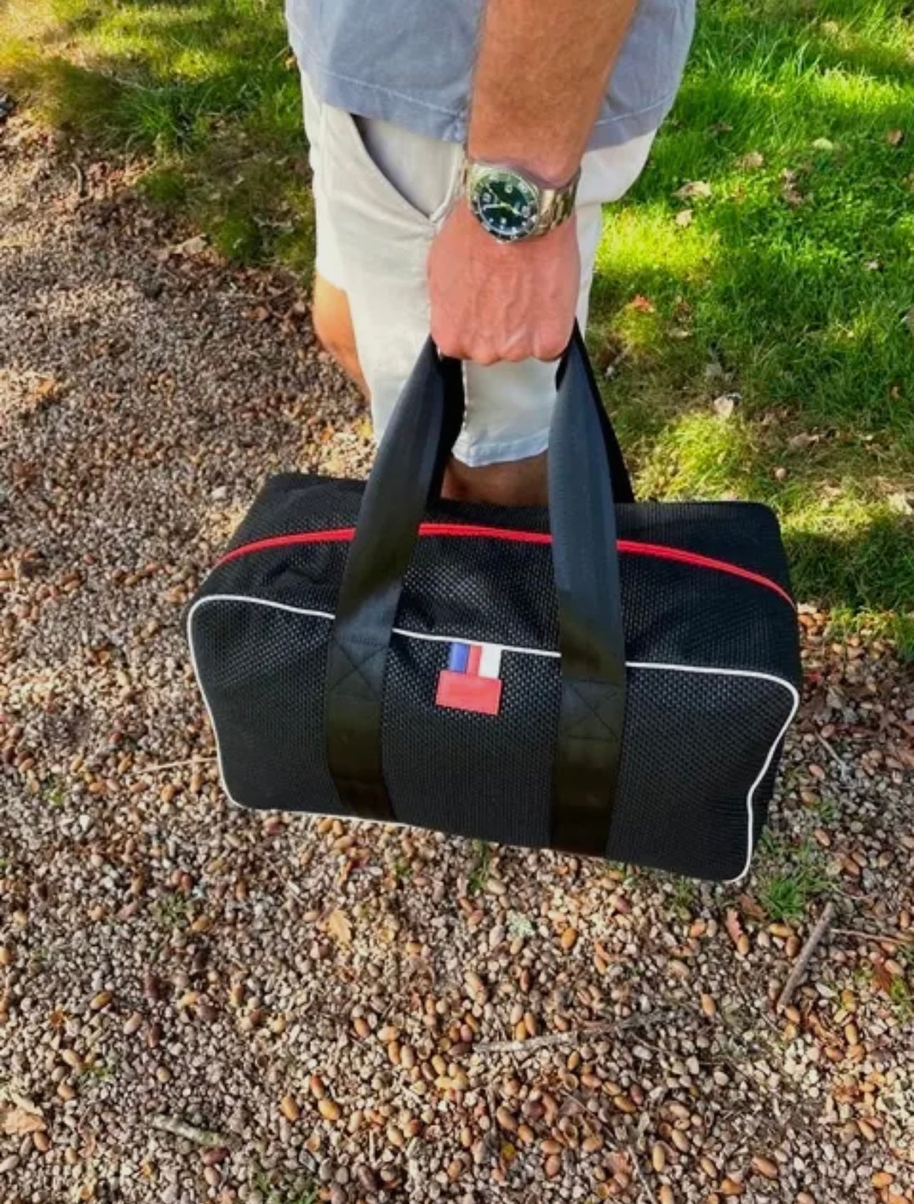 E2R Paris - black weekend bag in up-cycled car fabric and leather