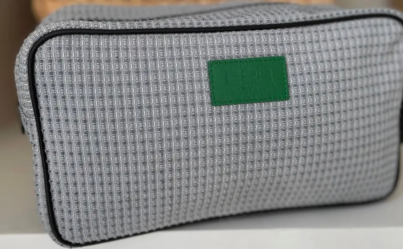 E2R Paris - grey toiletry bag in up-cycled car fabric and leather