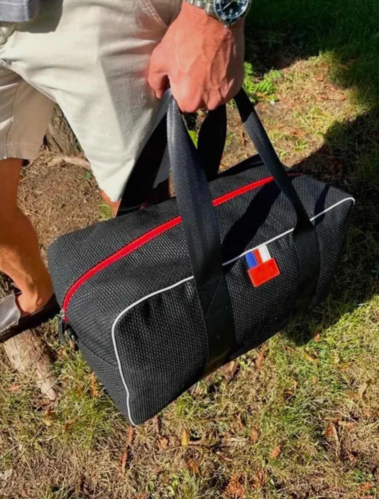 E2R Paris - black weekend bag in up-cycled car fabric and leather