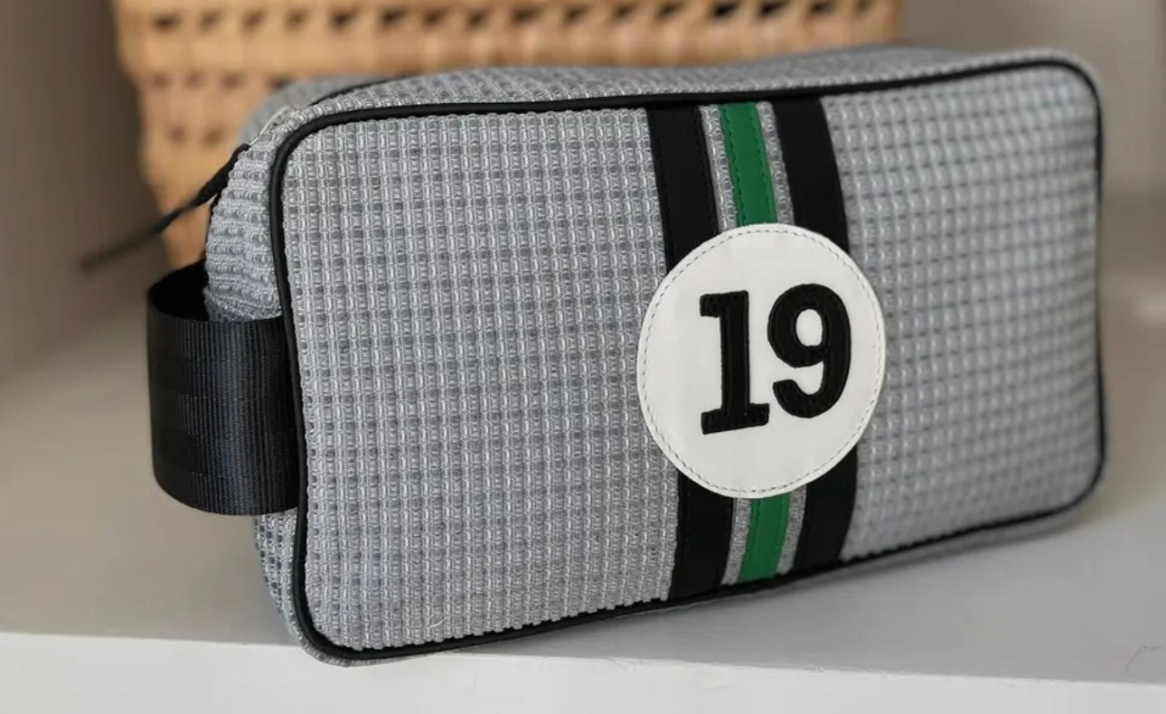E2R Paris - grey toiletry bag in up-cycled car fabric and leather