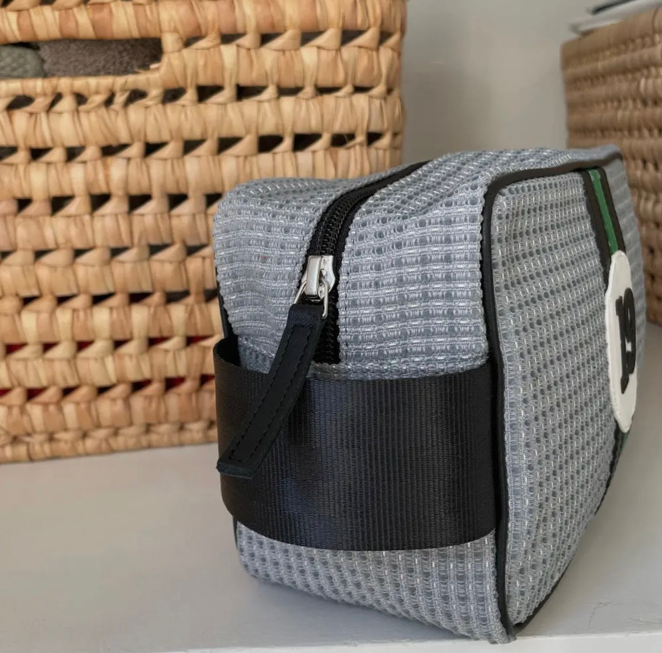 E2R Paris - grey toiletry bag in up-cycled car fabric and leather