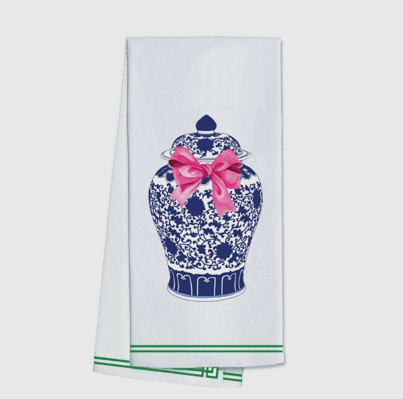 Ginger jar with pink bow tea-towel
