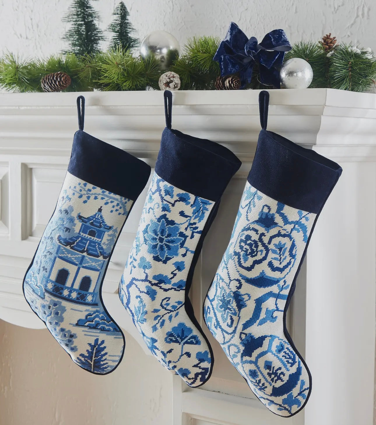 Chinoiserie pagoda embroidered needlepoint stocking