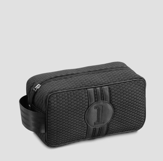 E2R Paris - black toiletry bag in up-cycled car fabric and leather
