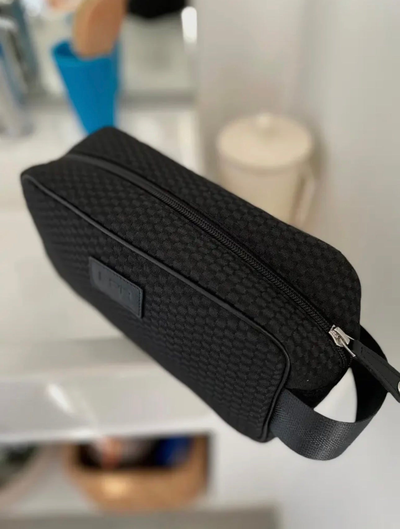 E2R Paris - black toiletry bag in up-cycled car fabric and leather