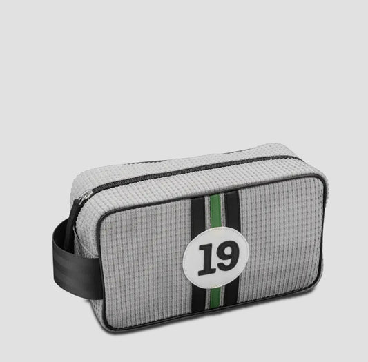 E2R Paris - grey toiletry bag in up-cycled car fabric and leather