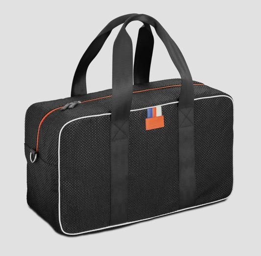 E2R Paris - black weekend bag in up-cycled car fabric and leather
