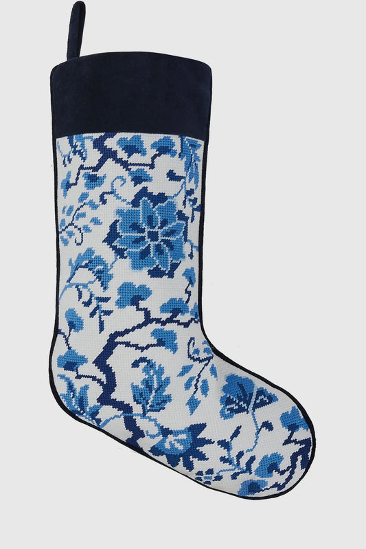 Chinoiserie flower embroidered
needlepoint stocking