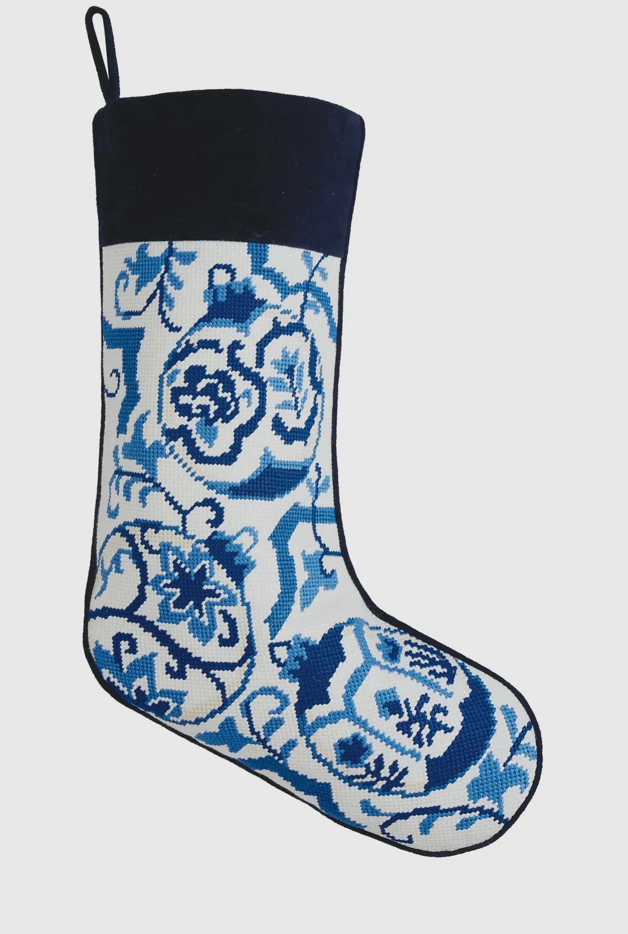 Chinoiserie ornament embroidered needlepoint stocking